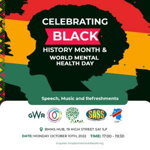 A graphic advertising a Welsh Refugee Council and partners even celebrating Mental Health Day and Black History Month.