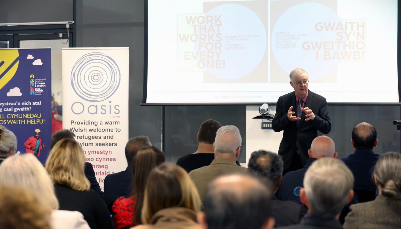 Mark Drakeford, Work that Works for Everyone Event A photograph of First Minister of Wales Mark Drakeford at an event promoting employment for refugees.