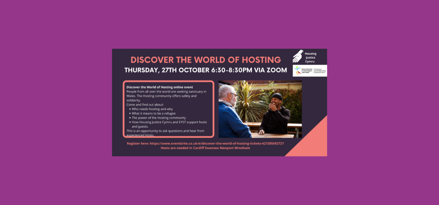 A graphic promoting a Housing Justice Cymru World of Hosting event.