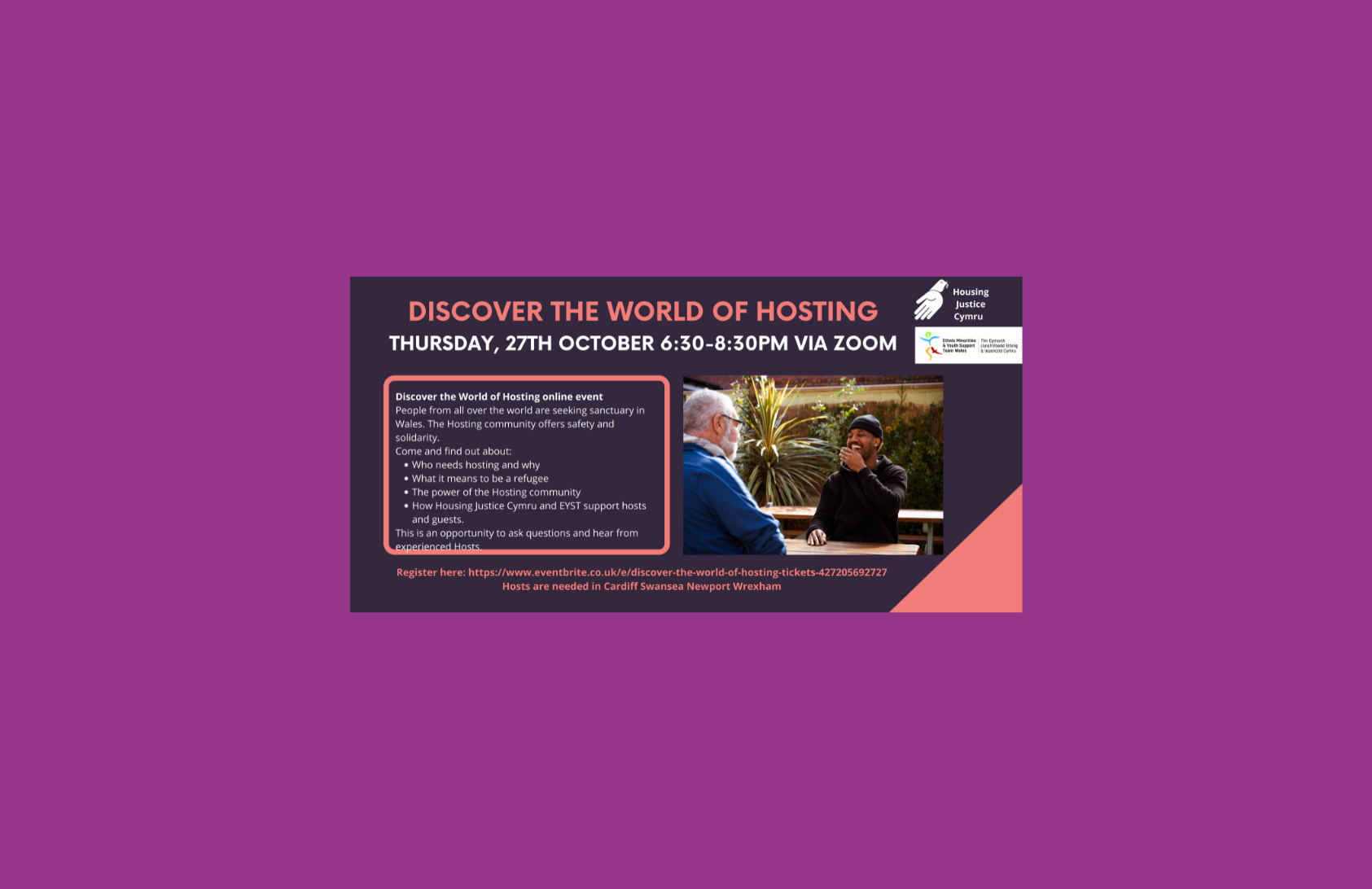 World of hosting flyer A graphic promoting a Housing Justice Cymru World of Hosting event.