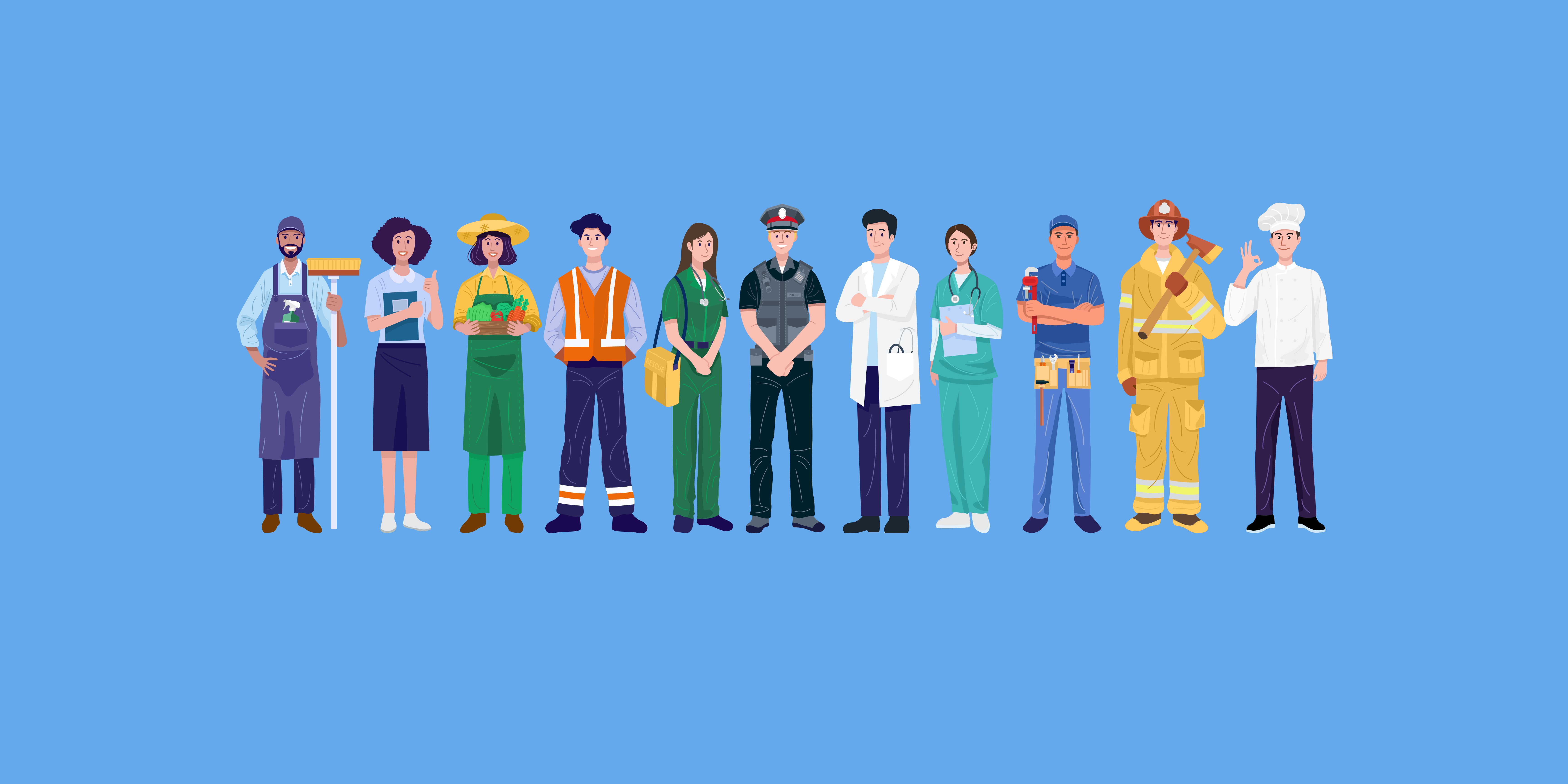 Banner Employment and education workshops Line of people dressed for different professions.