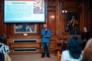 Nick, Ukraine Manager at the Welsh Refugee Council, speaking at an event.