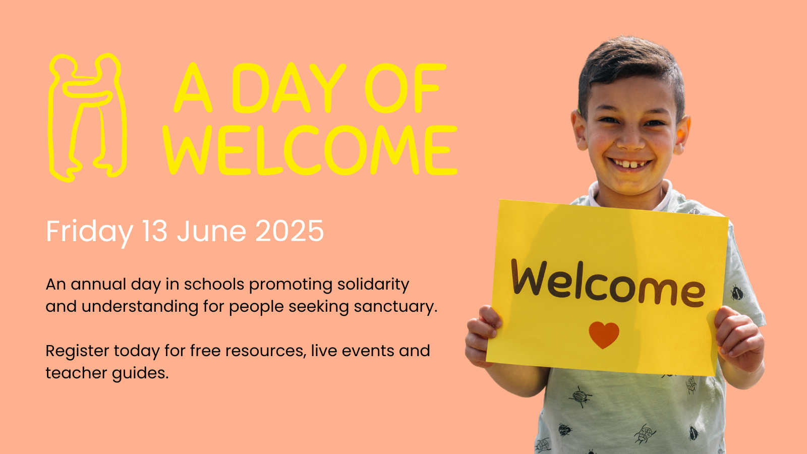 LinkedIn A Day of Welcome social card Child holding a sign that reads Welcome.