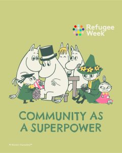 Moomin characters sitting together as a community this Refugee Week. 
