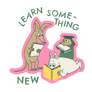 Moomin characters reading together.