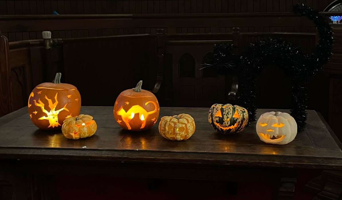 Carved pumpkins.