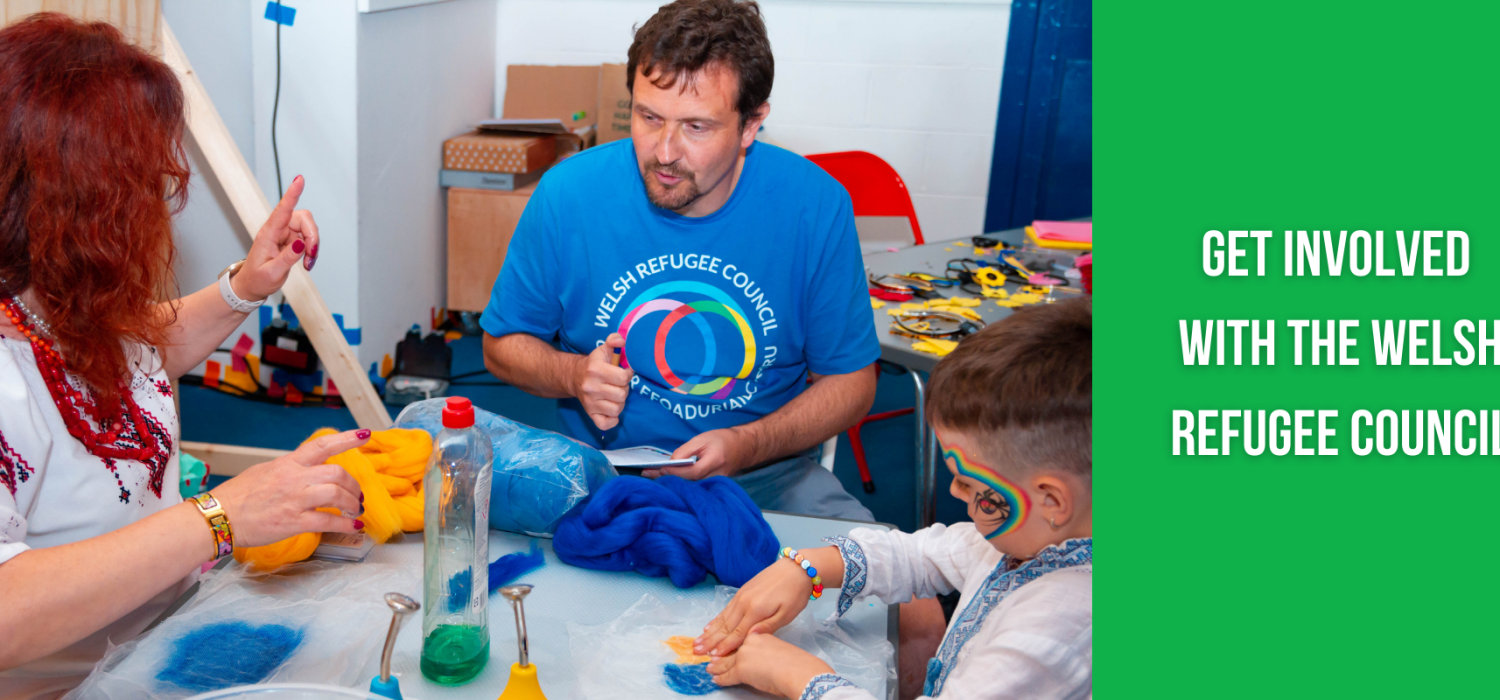 Welsh Refugee Council team member at an arts workshop. Text on the right reads, 