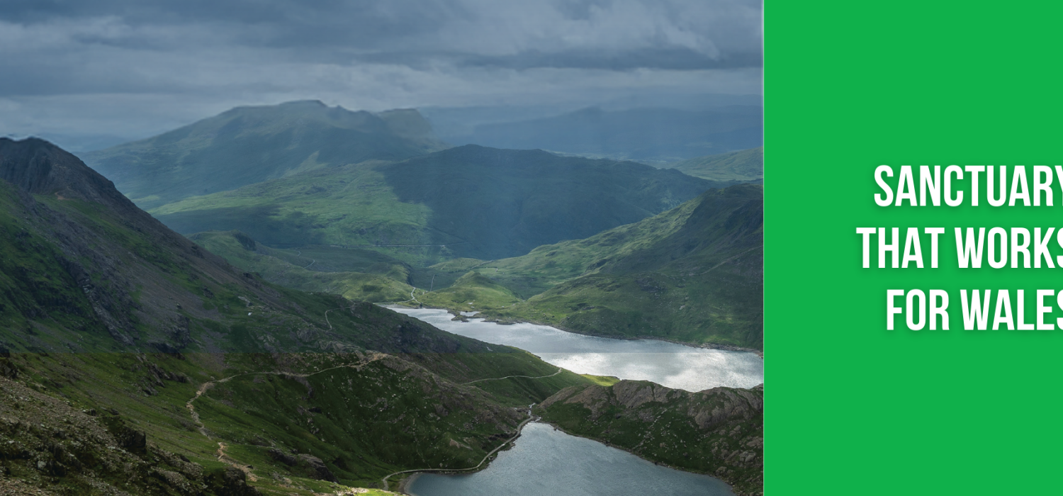 Mountain view of North Wales, text reads 