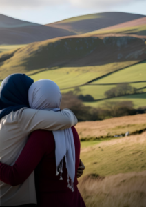 Two women wearing headscarves hugging and looking out at a hilly landscape.   
