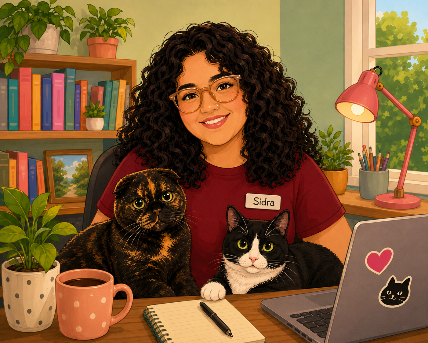Smiling woman sits in a home office with two cats sat on her lap.