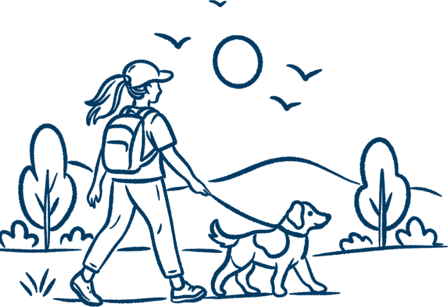 Dark blue illustration of a girl with a backpack walking a dog with mountains in the background.