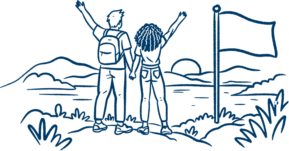 Illustration of a man and a woman standing next to a flag with the Welsh Refugee Council logo at the top of a mountain, each with one hand raised.